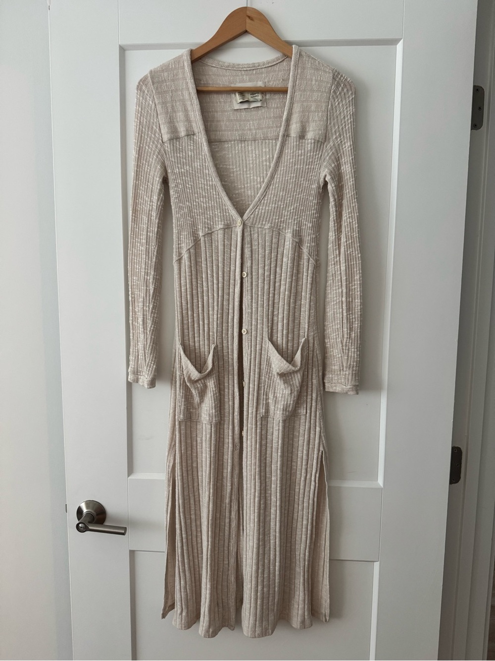 Anthropologie Cream Ribbed Long Sleeve Button-Front Maxi Dress